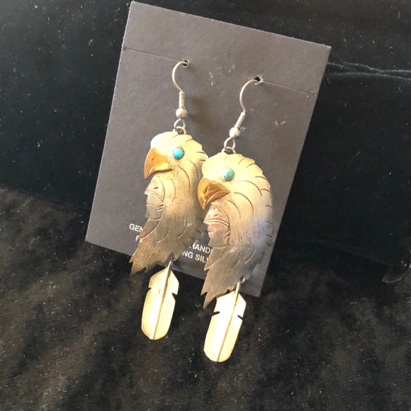 Navajo Sterling Silver Turquoise Feather Indian Chief Eagle Dangle